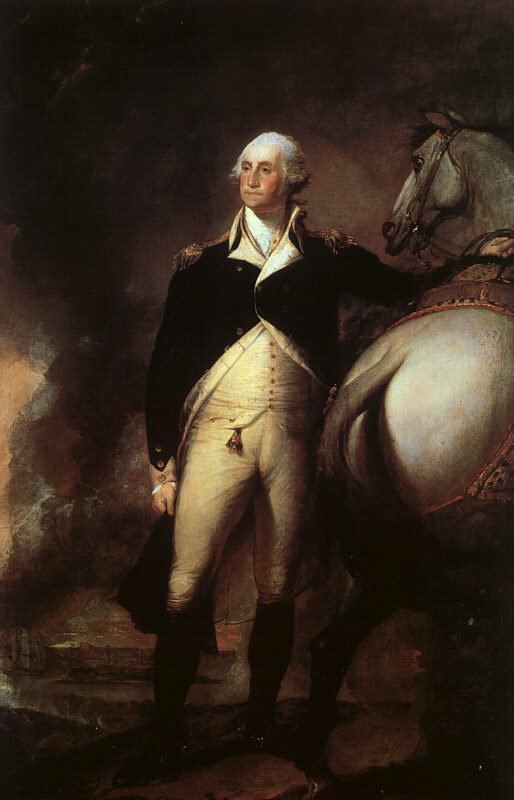 Oil painting of General George Washington with a white horse.